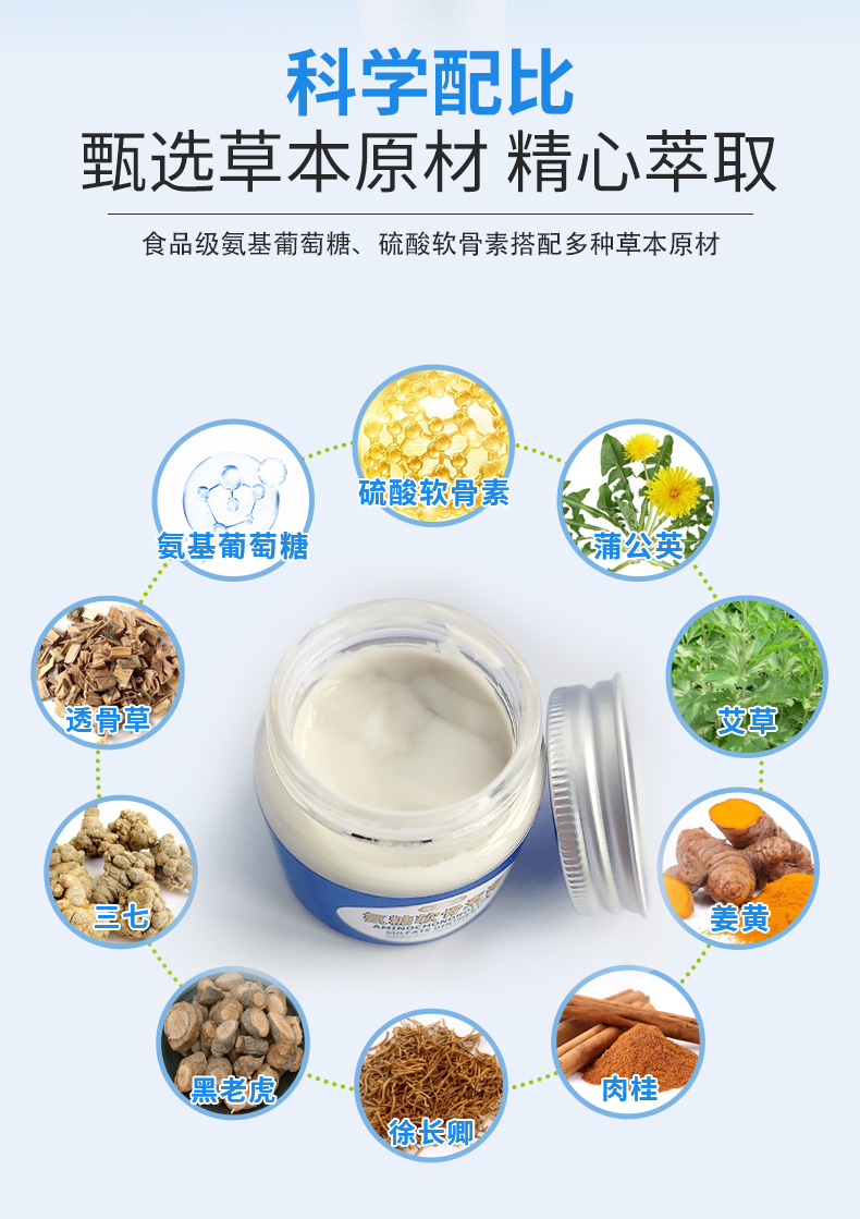 科學配比，甄選草本原材精心萃取，食品級氨基葡萄糖、硫酸軟骨素搭配多種草本原材